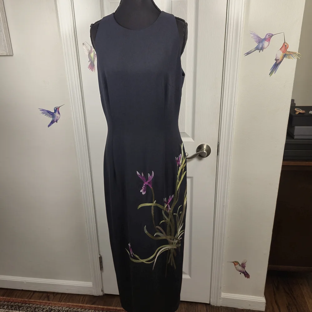 Donna Morgan Vintage Navy Blue Floral Embroidered Column Maxi Dress Size 6 - Picture 3 of 9